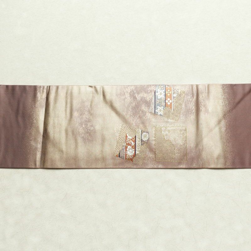 名古屋帯 太鼓柄 正絹 古典柄 名古屋仕立て 箔 金糸 帯 くすみパープル 紫・藤色_画像13