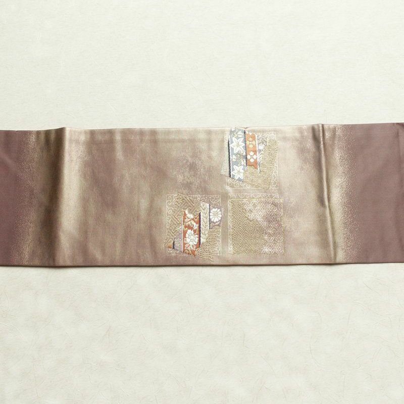 名古屋帯 太鼓柄 正絹 古典柄 名古屋仕立て 箔 金糸 帯 くすみパープル 紫・藤色_画像14