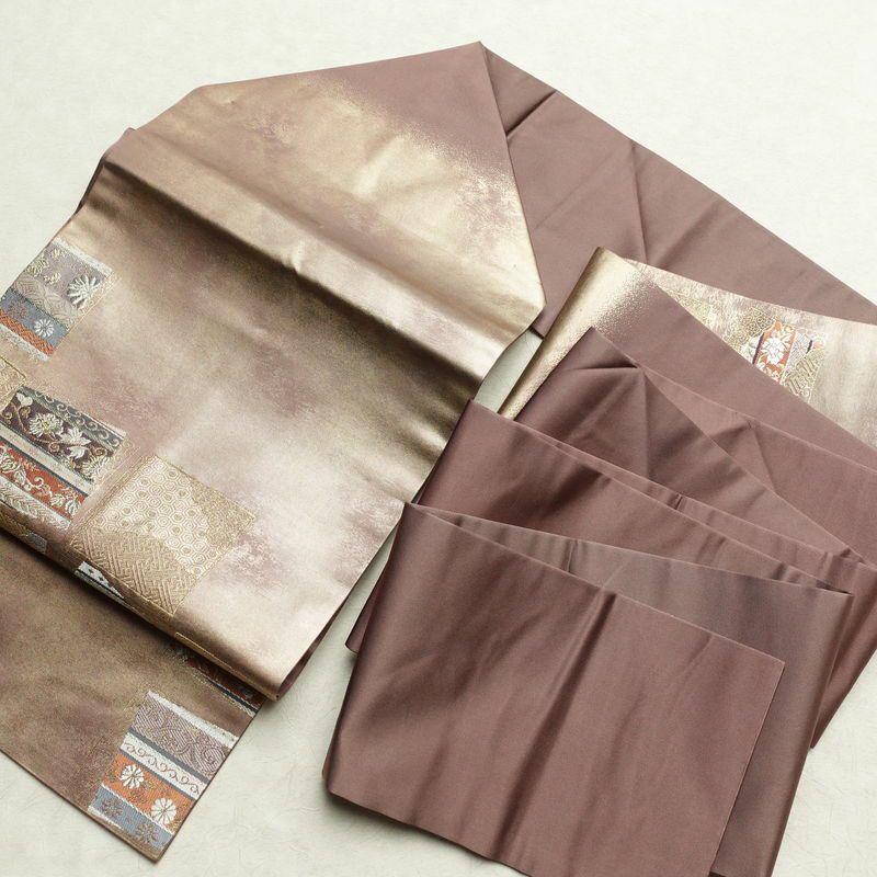 名古屋帯 太鼓柄 正絹 古典柄 名古屋仕立て 箔 金糸 帯 くすみパープル 紫・藤色_画像16