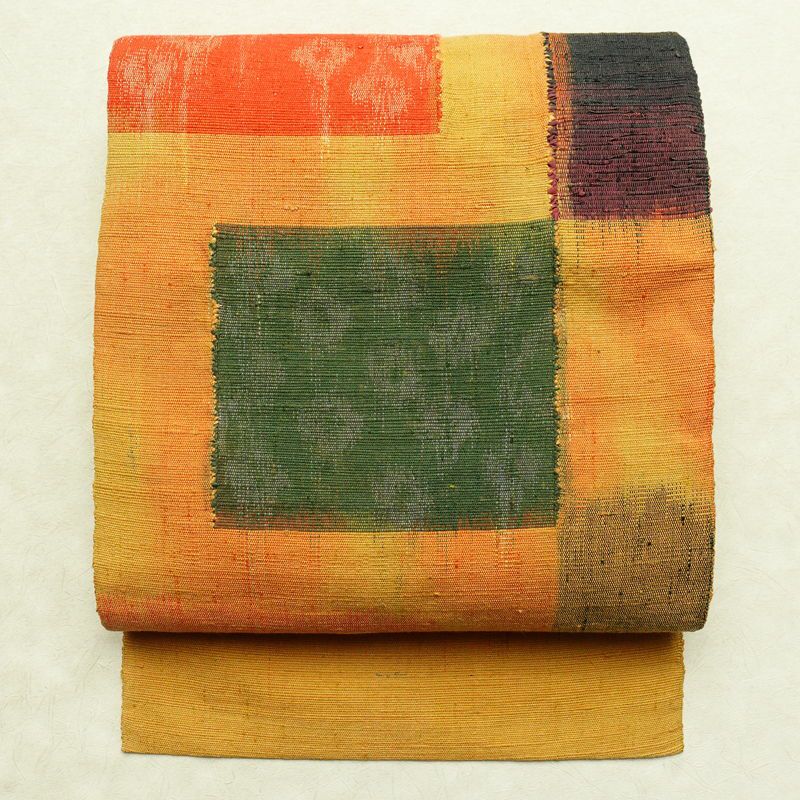 名古屋帯 紬地 太鼓柄 良品 正絹 幾何学柄・抽象柄 名古屋仕立て 帯 黄・黄土色_画像1