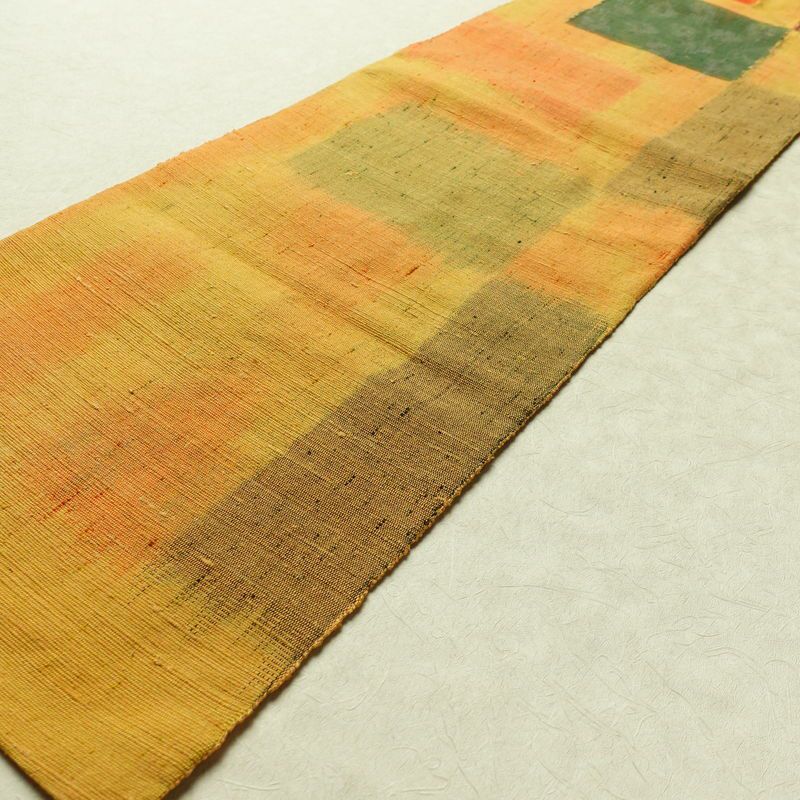 名古屋帯 紬地 太鼓柄 良品 正絹 幾何学柄・抽象柄 名古屋仕立て 帯 黄・黄土色_画像9