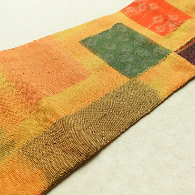 名古屋帯 紬地 太鼓柄 良品 正絹 幾何学柄・抽象柄 名古屋仕立て 帯 黄・黄土色_画像12