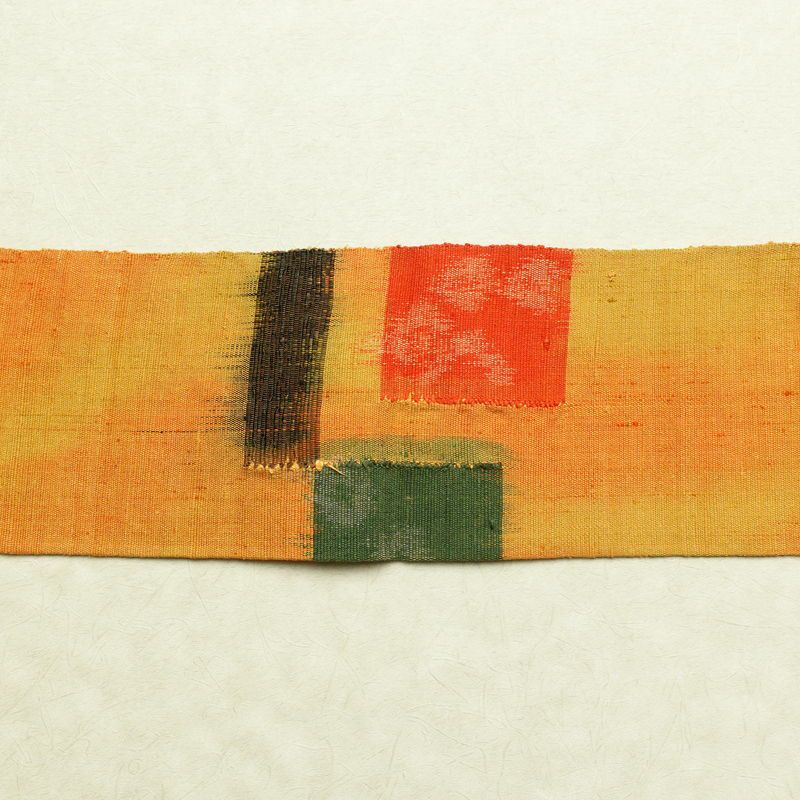 名古屋帯 紬地 太鼓柄 良品 正絹 幾何学柄・抽象柄 名古屋仕立て 帯 黄・黄土色_画像14