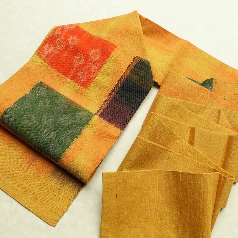 名古屋帯 紬地 太鼓柄 良品 正絹 幾何学柄・抽象柄 名古屋仕立て 帯 黄・黄土色_画像17