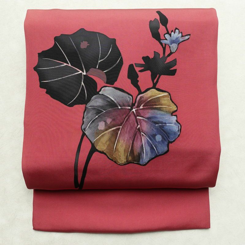 名古屋帯 太鼓柄 正絹 木の葉・植物柄 名古屋仕立て 帯 ピンク_画像1