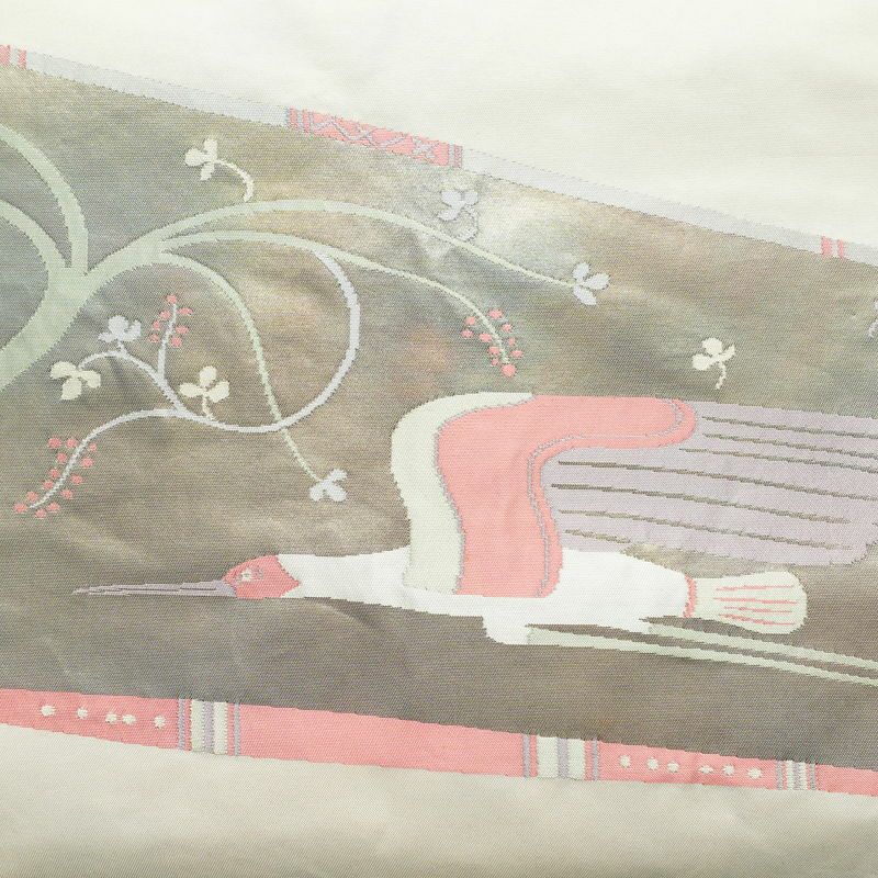 名古屋帯 太鼓柄 しつけ糸付き 正絹 人物・動物柄 名古屋仕立て 箔 帯 白_画像2