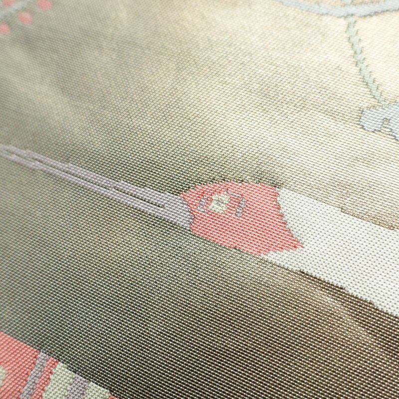 名古屋帯 太鼓柄 しつけ糸付き 正絹 人物・動物柄 名古屋仕立て 箔 帯 白_画像3