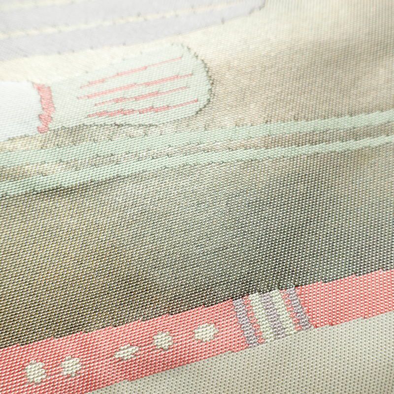 名古屋帯 太鼓柄 しつけ糸付き 正絹 人物・動物柄 名古屋仕立て 箔 帯 白_画像5