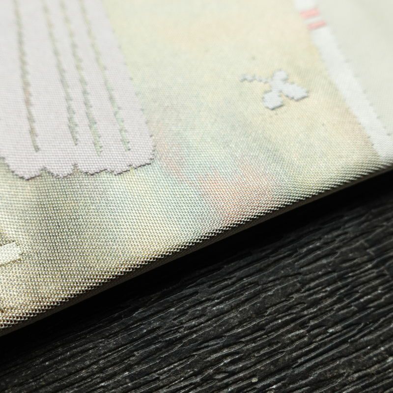 名古屋帯 太鼓柄 しつけ糸付き 正絹 人物・動物柄 名古屋仕立て 箔 帯 白_画像12