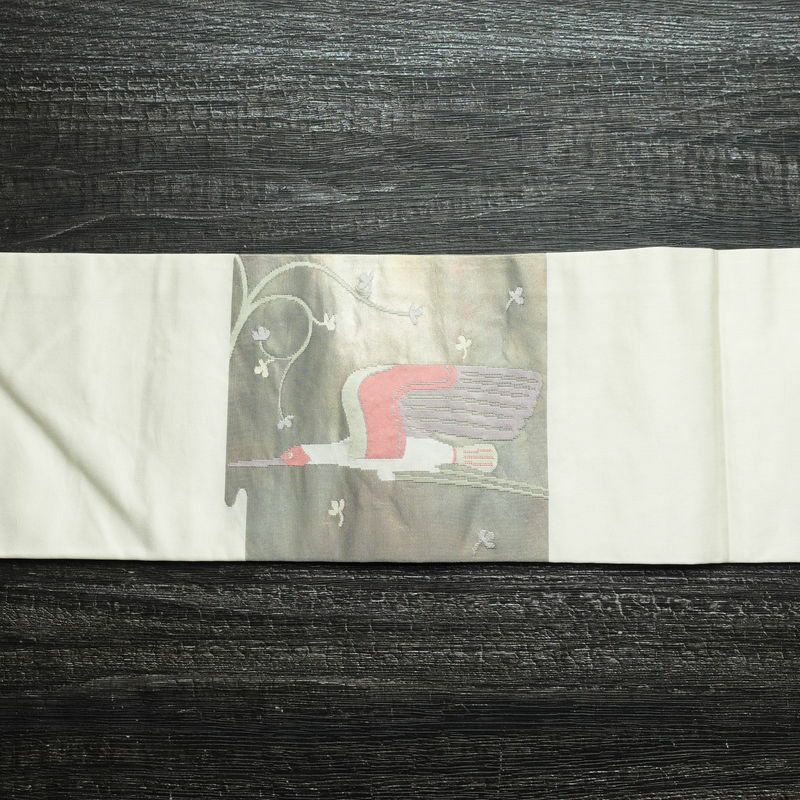 名古屋帯 太鼓柄 しつけ糸付き 正絹 人物・動物柄 名古屋仕立て 箔 帯 白_画像13