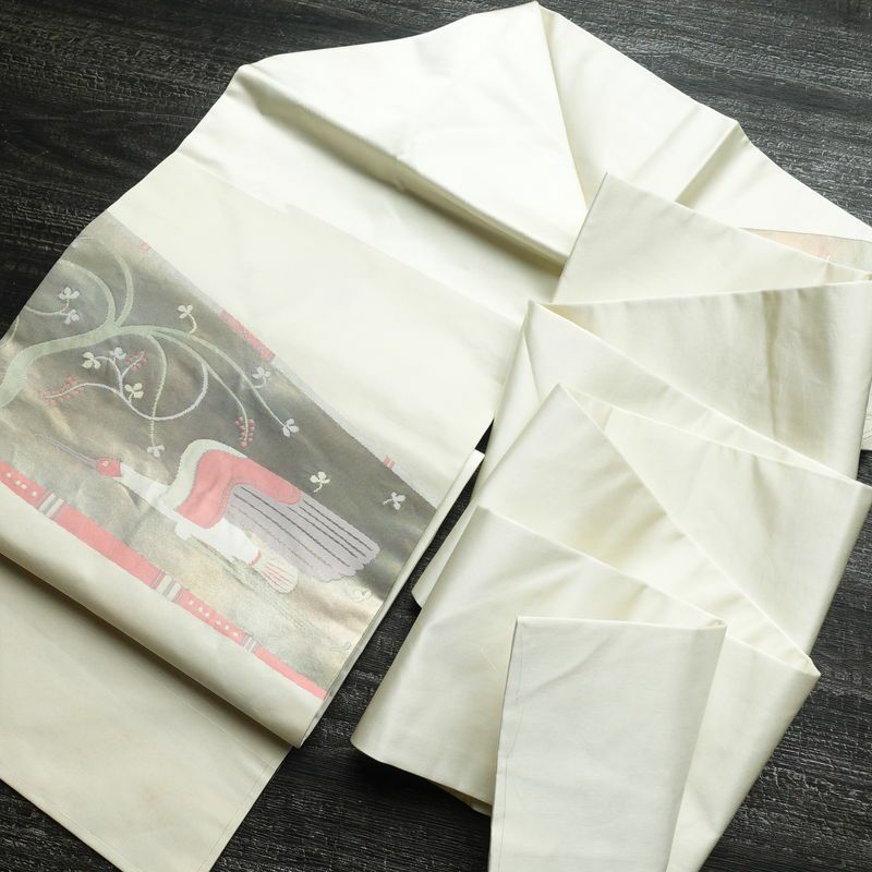 名古屋帯 太鼓柄 しつけ糸付き 正絹 人物・動物柄 名古屋仕立て 箔 帯 白_画像16