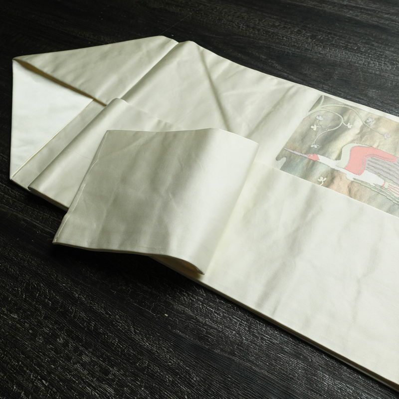 名古屋帯 太鼓柄 しつけ糸付き 正絹 人物・動物柄 名古屋仕立て 箔 帯 白_画像21