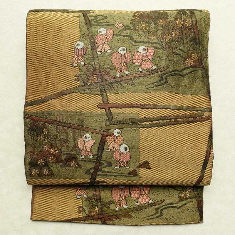 名古屋帯 六通柄 正絹 人物・動物柄 名古屋仕立て 帯 黄・黄土色_画像1