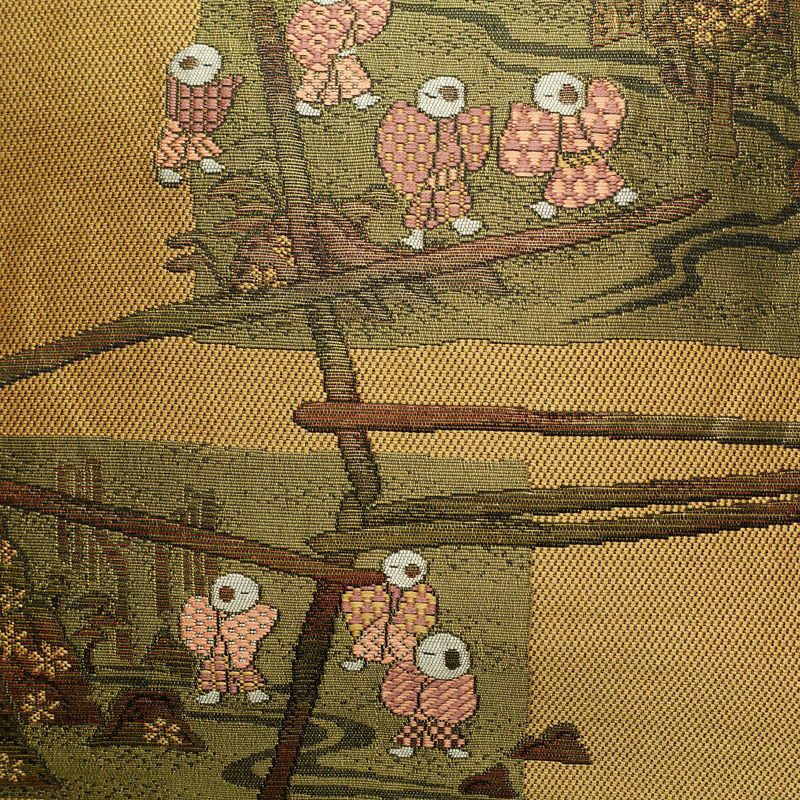 名古屋帯 六通柄 正絹 人物・動物柄 名古屋仕立て 帯 黄・黄土色_画像2