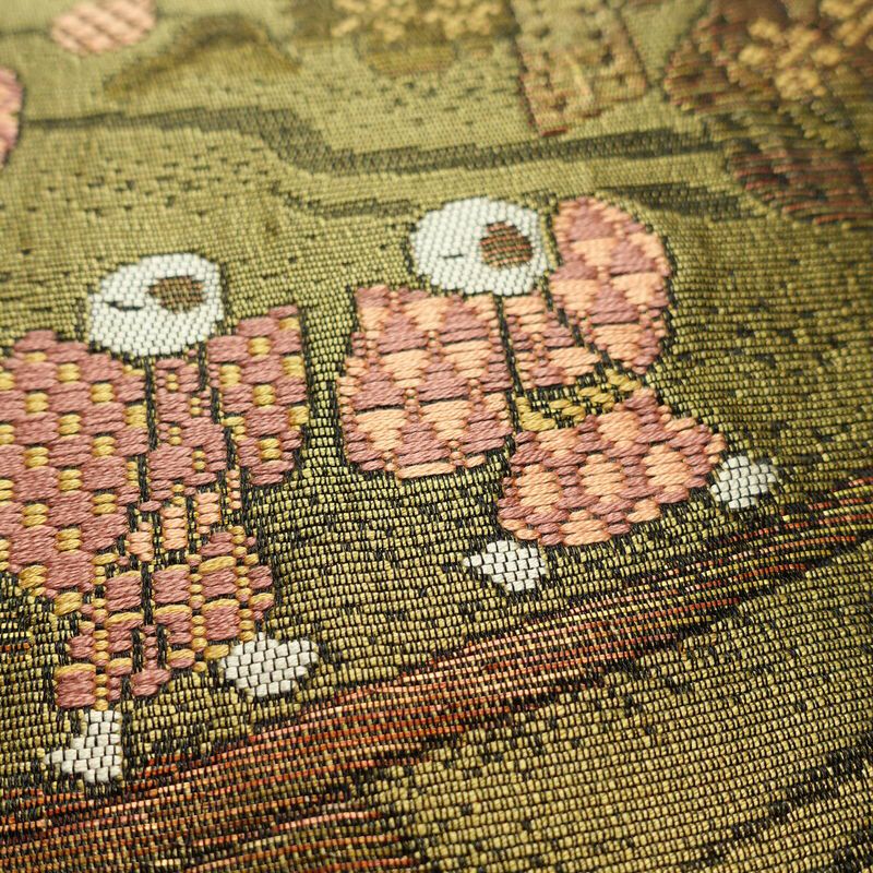 名古屋帯 六通柄 正絹 人物・動物柄 名古屋仕立て 帯 黄・黄土色_画像5