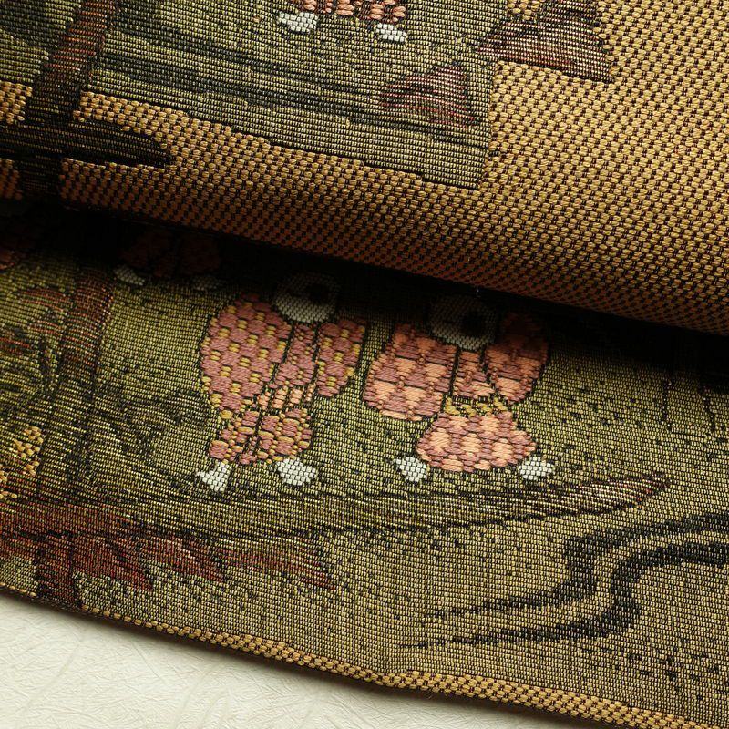 名古屋帯 六通柄 正絹 人物・動物柄 名古屋仕立て 帯 黄・黄土色_画像7