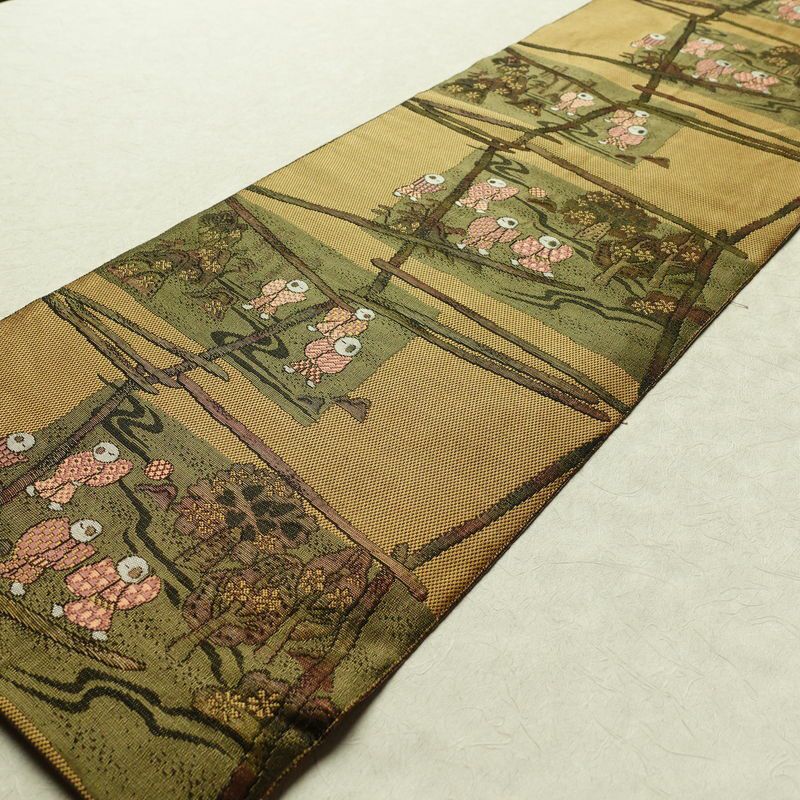 名古屋帯 六通柄 正絹 人物・動物柄 名古屋仕立て 帯 黄・黄土色_画像8