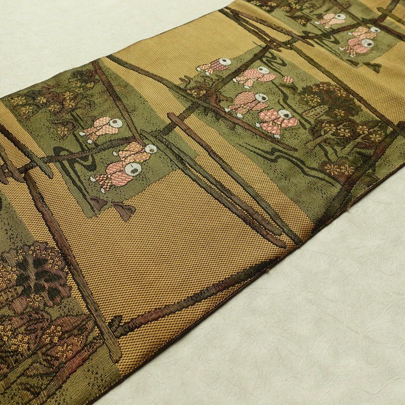 名古屋帯 六通柄 正絹 人物・動物柄 名古屋仕立て 帯 黄・黄土色_画像11