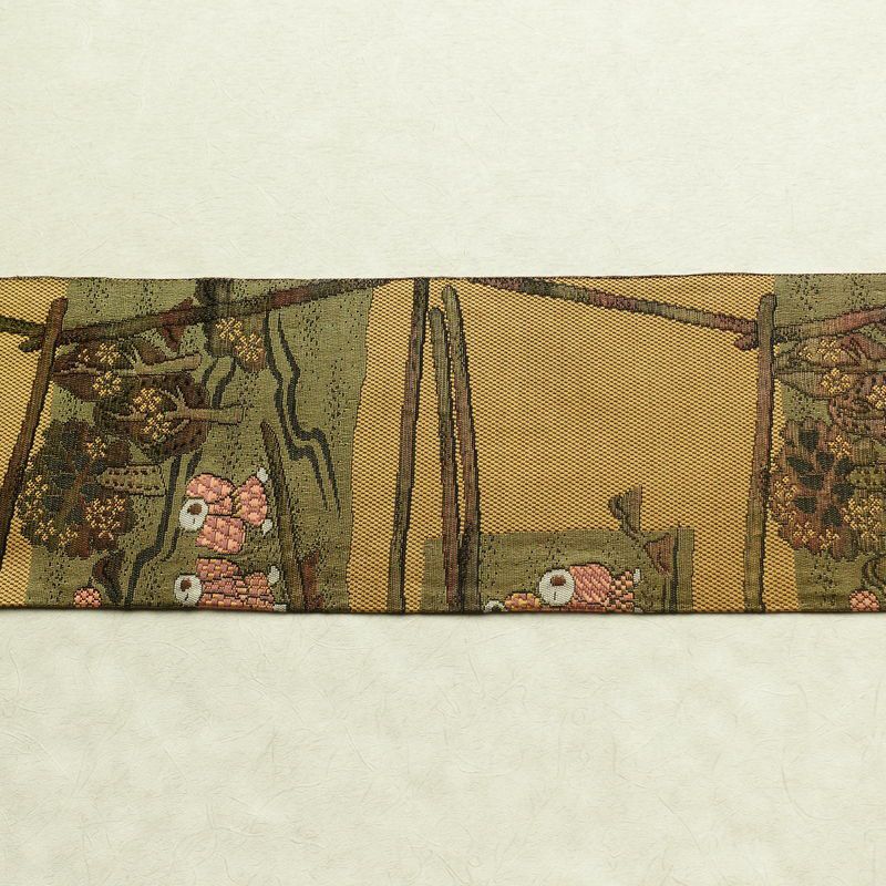 名古屋帯 六通柄 正絹 人物・動物柄 名古屋仕立て 帯 黄・黄土色_画像14