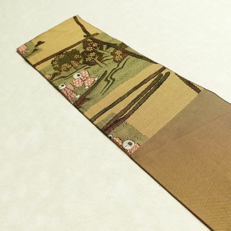 名古屋帯 六通柄 正絹 人物・動物柄 名古屋仕立て 帯 黄・黄土色_画像16
