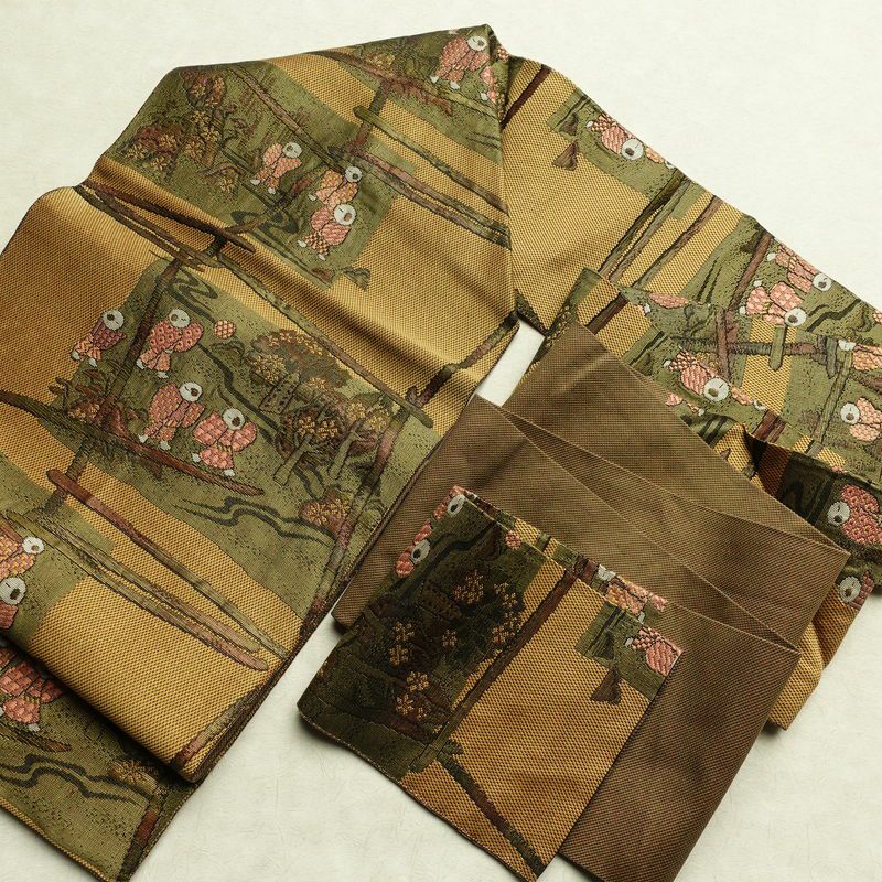 名古屋帯 六通柄 正絹 人物・動物柄 名古屋仕立て 帯 黄・黄土色_画像17