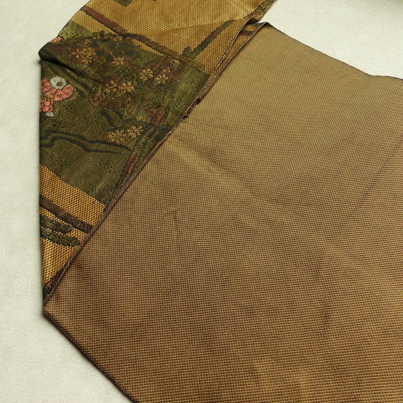 名古屋帯 六通柄 正絹 人物・動物柄 名古屋仕立て 帯 黄・黄土色_画像19