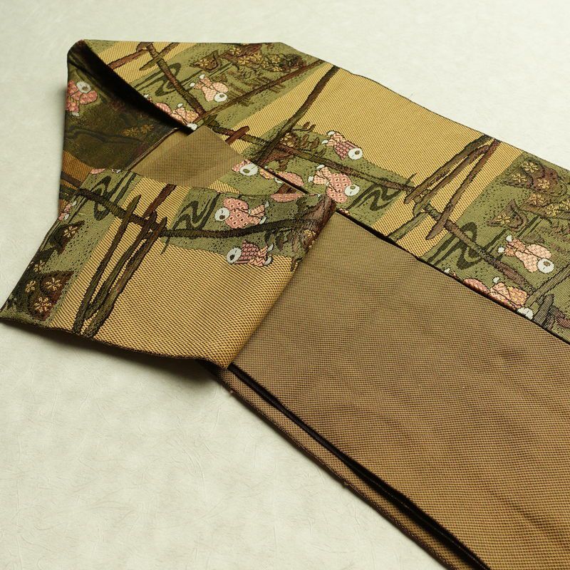 名古屋帯 六通柄 正絹 人物・動物柄 名古屋仕立て 帯 黄・黄土色_画像21