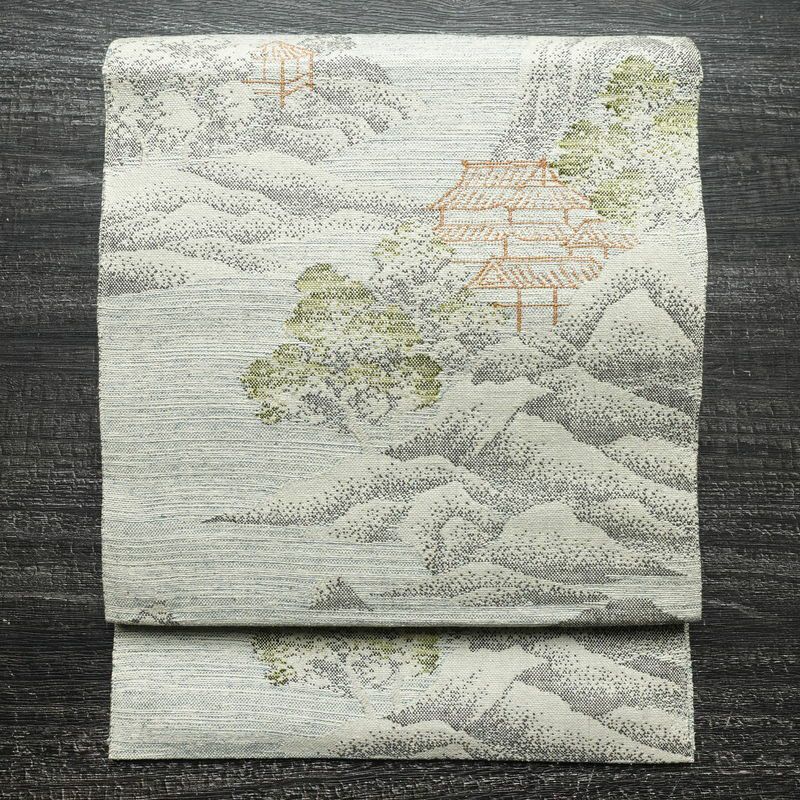 名古屋帯 六通柄 正絹 風景柄 松葉仕立て 帯 青・紺_画像1