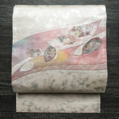 名古屋帯 太鼓柄 良品 正絹 木の葉・植物柄 名古屋仕立て 箔 帯 グレー