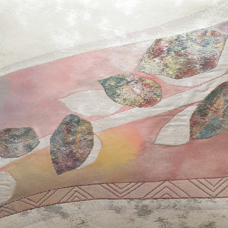 名古屋帯 太鼓柄 良品 正絹 木の葉・植物柄 名古屋仕立て 箔 帯 グレー_画像2