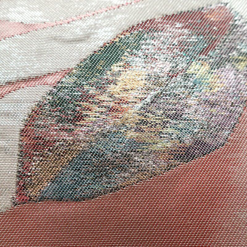 名古屋帯 太鼓柄 良品 正絹 木の葉・植物柄 名古屋仕立て 箔 帯 グレー_画像4