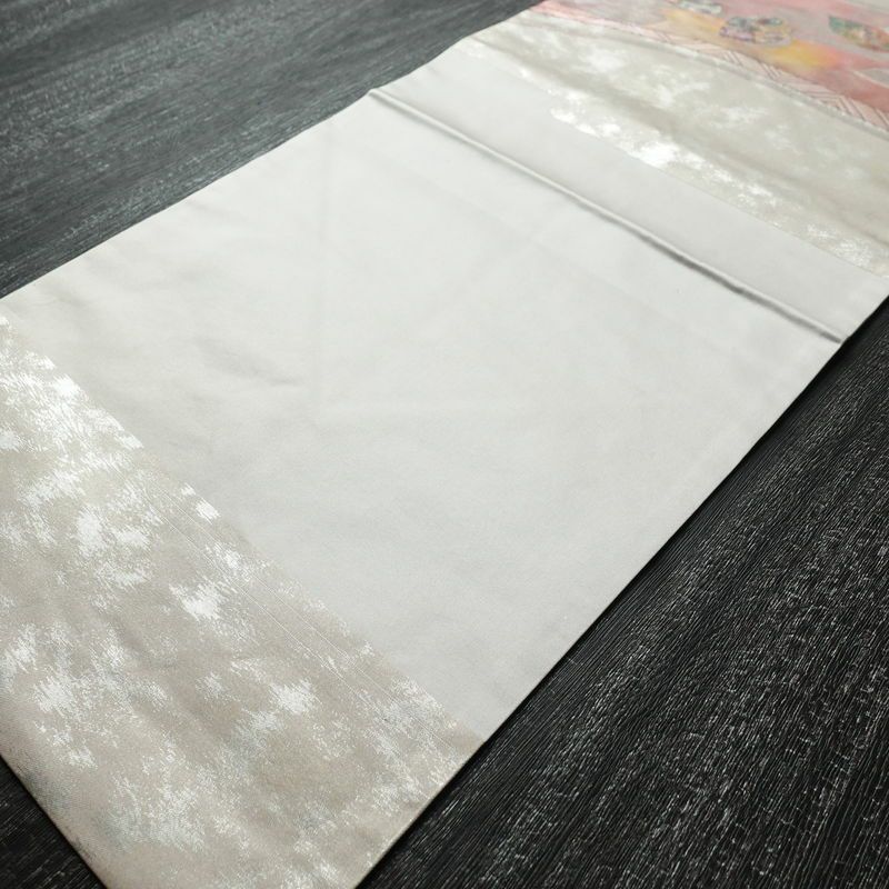 名古屋帯 太鼓柄 良品 正絹 木の葉・植物柄 名古屋仕立て 箔 帯 グレー_画像8