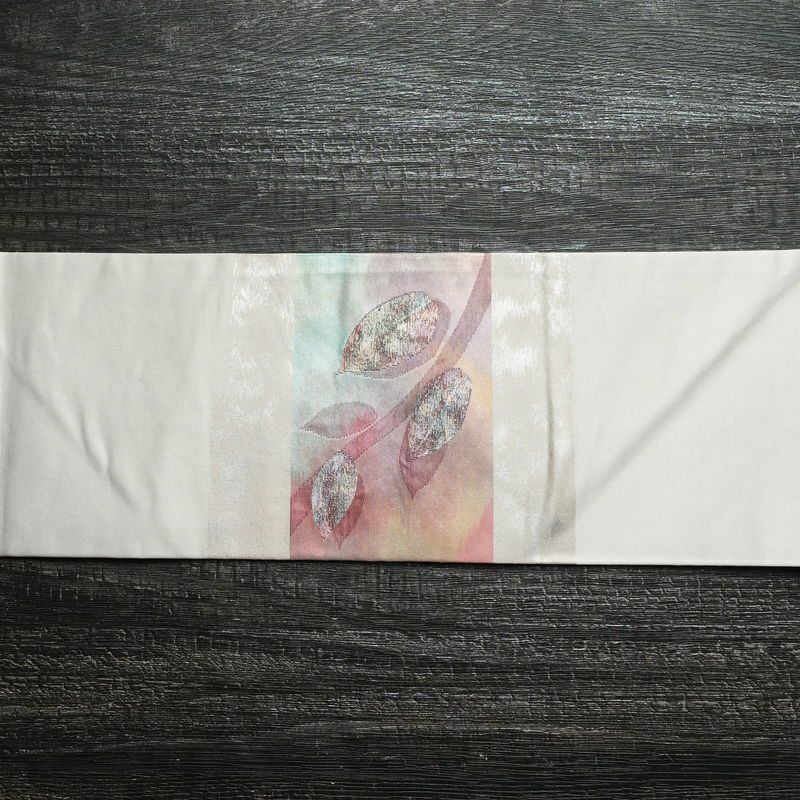 名古屋帯 太鼓柄 良品 正絹 木の葉・植物柄 名古屋仕立て 箔 帯 グレー_画像13