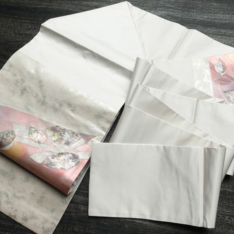 名古屋帯 太鼓柄 良品 正絹 木の葉・植物柄 名古屋仕立て 箔 帯 グレー_画像15