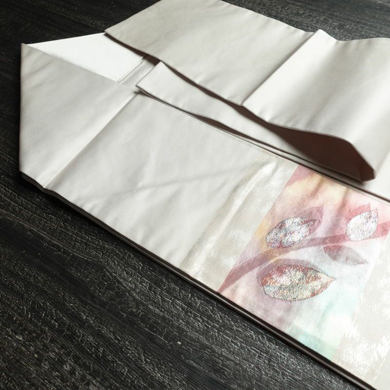 名古屋帯 太鼓柄 良品 正絹 木の葉・植物柄 名古屋仕立て 箔 帯 グレー_画像19