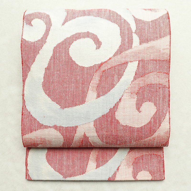 名古屋帯 六通柄 良品 正絹 幾何学柄・抽象柄 通し仕立て 帯 ピンク_画像1