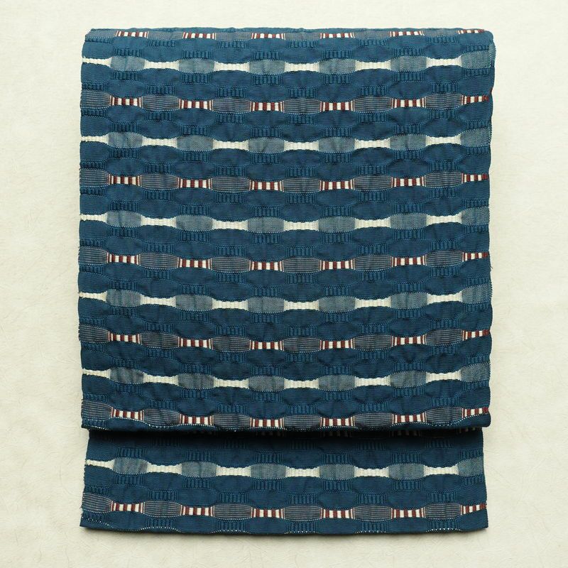 袋帯 全通柄 一般用 正絹 幾何学柄・抽象柄 帯 青・紺_画像1