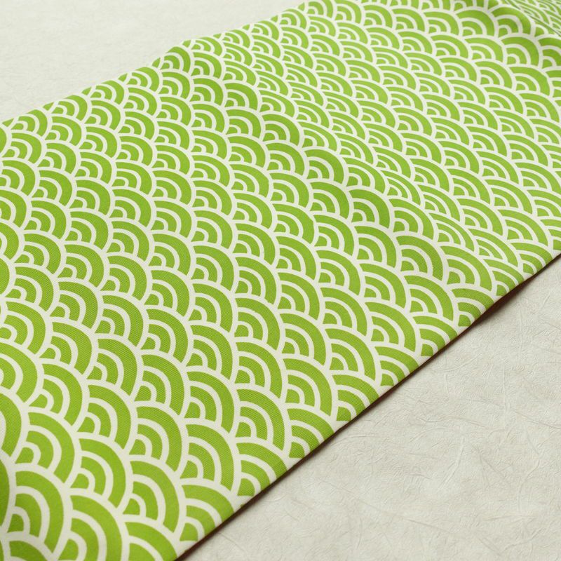 名古屋帯 全通柄 良品 正絹 青海波 流水・波柄 名古屋仕立て 帯 緑・うぐいす色_画像10