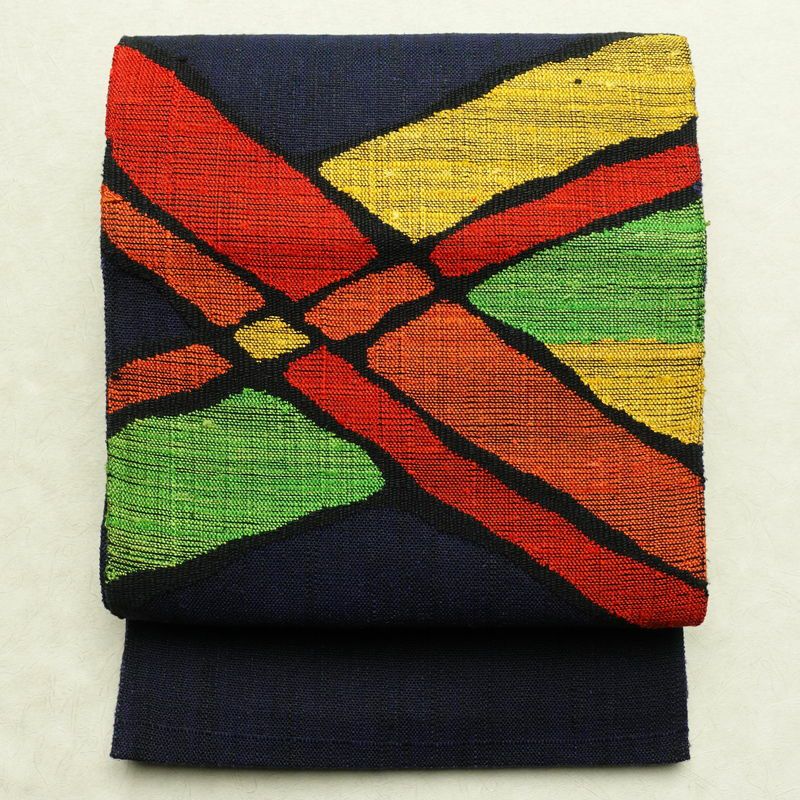 名古屋帯 太鼓柄 美品 正絹 幾何学柄・抽象柄 松葉仕立て 帯 青・紺_画像1