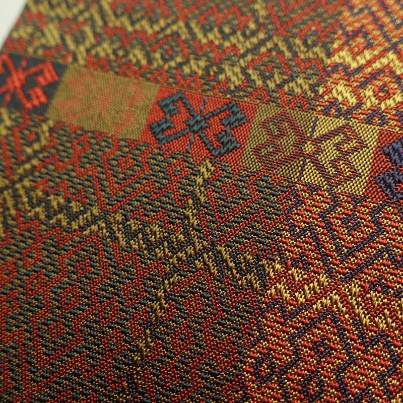 名古屋帯 全通柄 美品 正絹 幾何学柄・抽象柄 名古屋仕立て 帯 多色使い_画像6