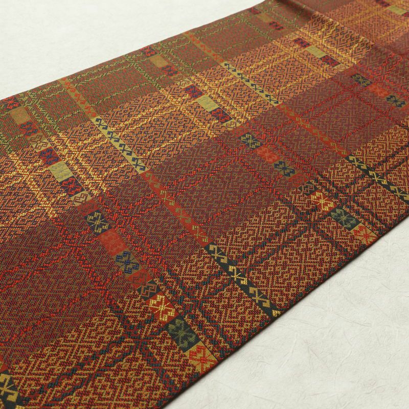 名古屋帯 全通柄 美品 正絹 幾何学柄・抽象柄 名古屋仕立て 帯 多色使い_画像11