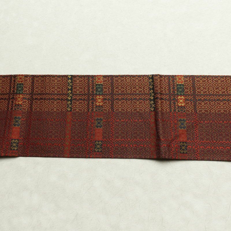 名古屋帯 全通柄 美品 正絹 幾何学柄・抽象柄 名古屋仕立て 帯 多色使い_画像14