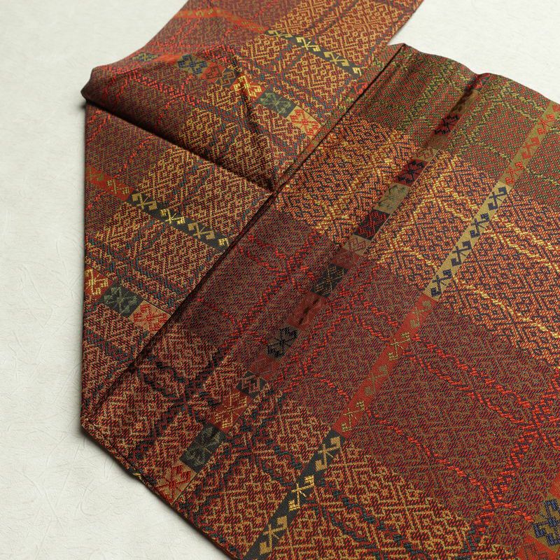 名古屋帯 全通柄 美品 正絹 幾何学柄・抽象柄 名古屋仕立て 帯 多色使い_画像18