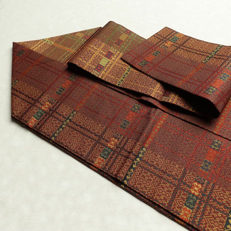 名古屋帯 全通柄 美品 正絹 幾何学柄・抽象柄 名古屋仕立て 帯 多色使い_画像20