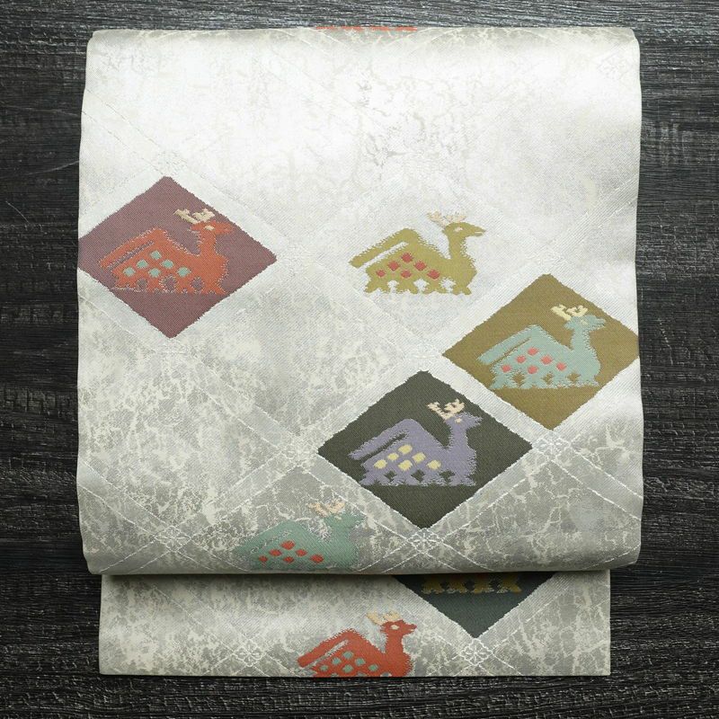 名古屋帯 六通柄 正絹 幾何学柄・抽象柄 名古屋仕立て 箔 帯 金・銀_画像1