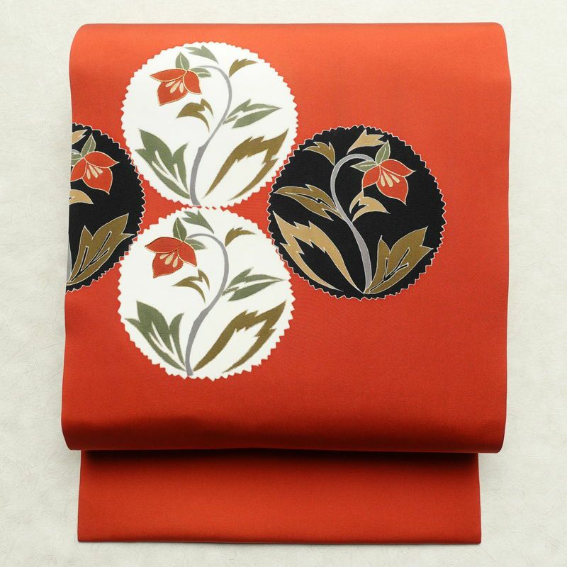 名古屋帯 太鼓柄 良品 金駒刺繍 正絹 花柄 名古屋仕立て 帯 橙_画像1