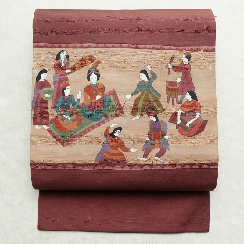 名古屋帯 髭紬 太鼓柄 良品 正絹 人物・動物柄 名古屋仕立て 帯 小豆・エンジ_画像1