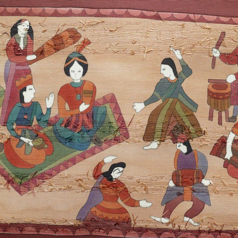 名古屋帯 髭紬 太鼓柄 良品 正絹 人物・動物柄 名古屋仕立て 帯 小豆・エンジ_画像2