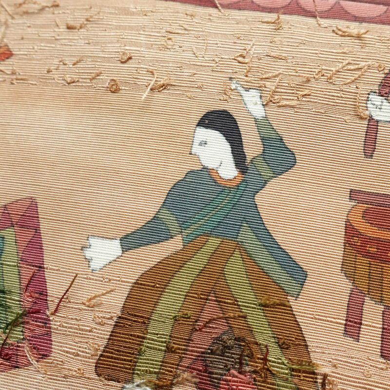 名古屋帯 髭紬 太鼓柄 良品 正絹 人物・動物柄 名古屋仕立て 帯 小豆・エンジ_画像3