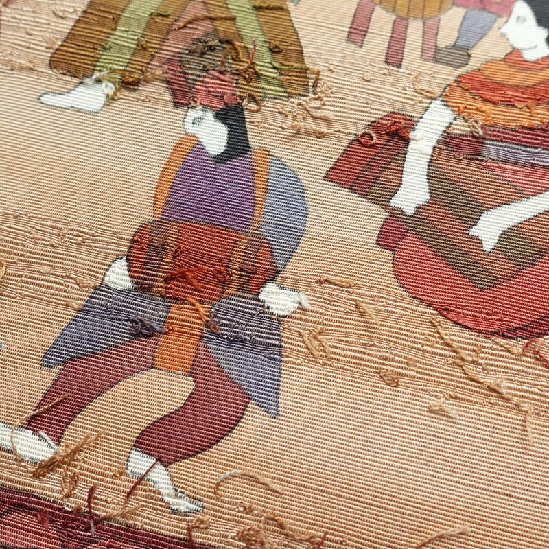名古屋帯 髭紬 太鼓柄 良品 正絹 人物・動物柄 名古屋仕立て 帯 小豆・エンジ_画像5